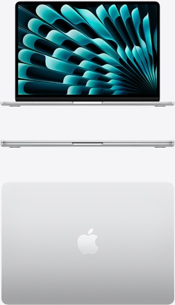 MacBook Air prateado visto de frente, de lado e por cima