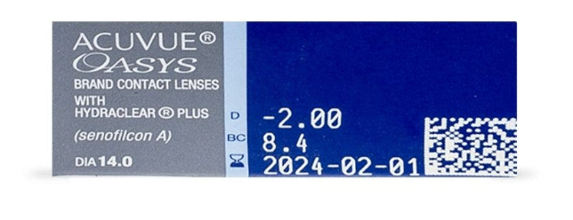 Ejemplo de etiqueta Acuvue Oasys: D −2.00, BC 8.4 y DIA 14.0