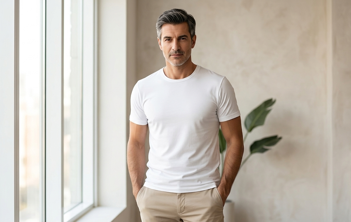 Modelo casual masculino Neven com camiseta Branca