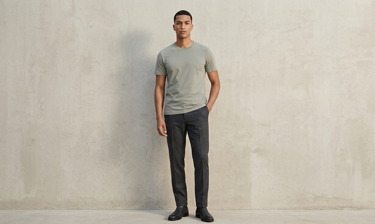 Modelo casual Neven com camiseta Moss Gray