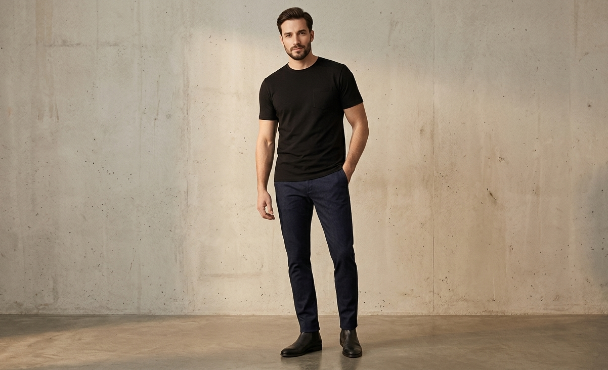 Homem com camiseta preta básica premium Neven