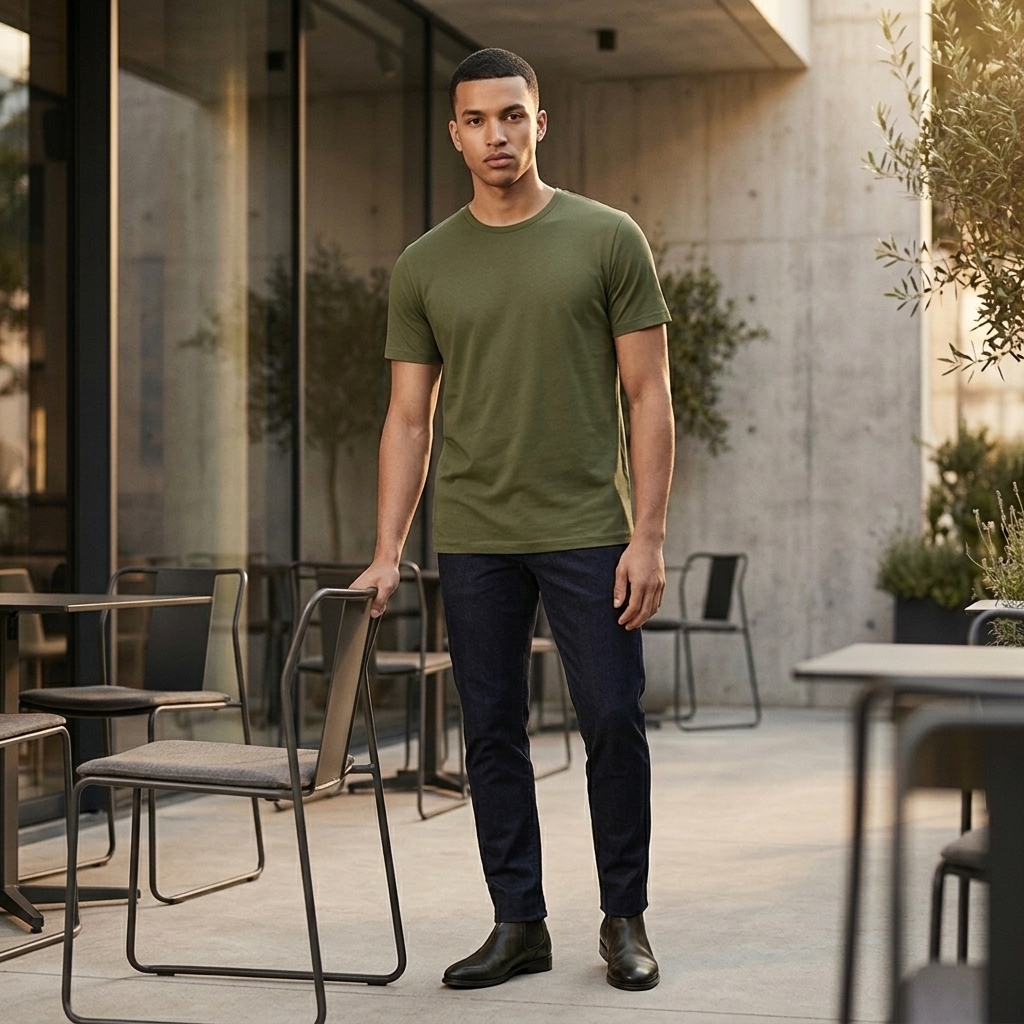 Modelo com camiseta Verde Militar Neven