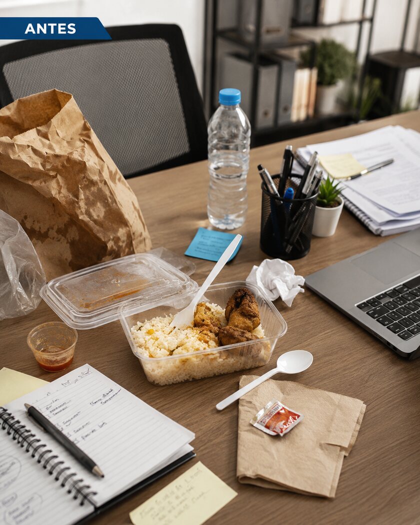 Antes: almuerzo improvisado y desordenado en la oficina