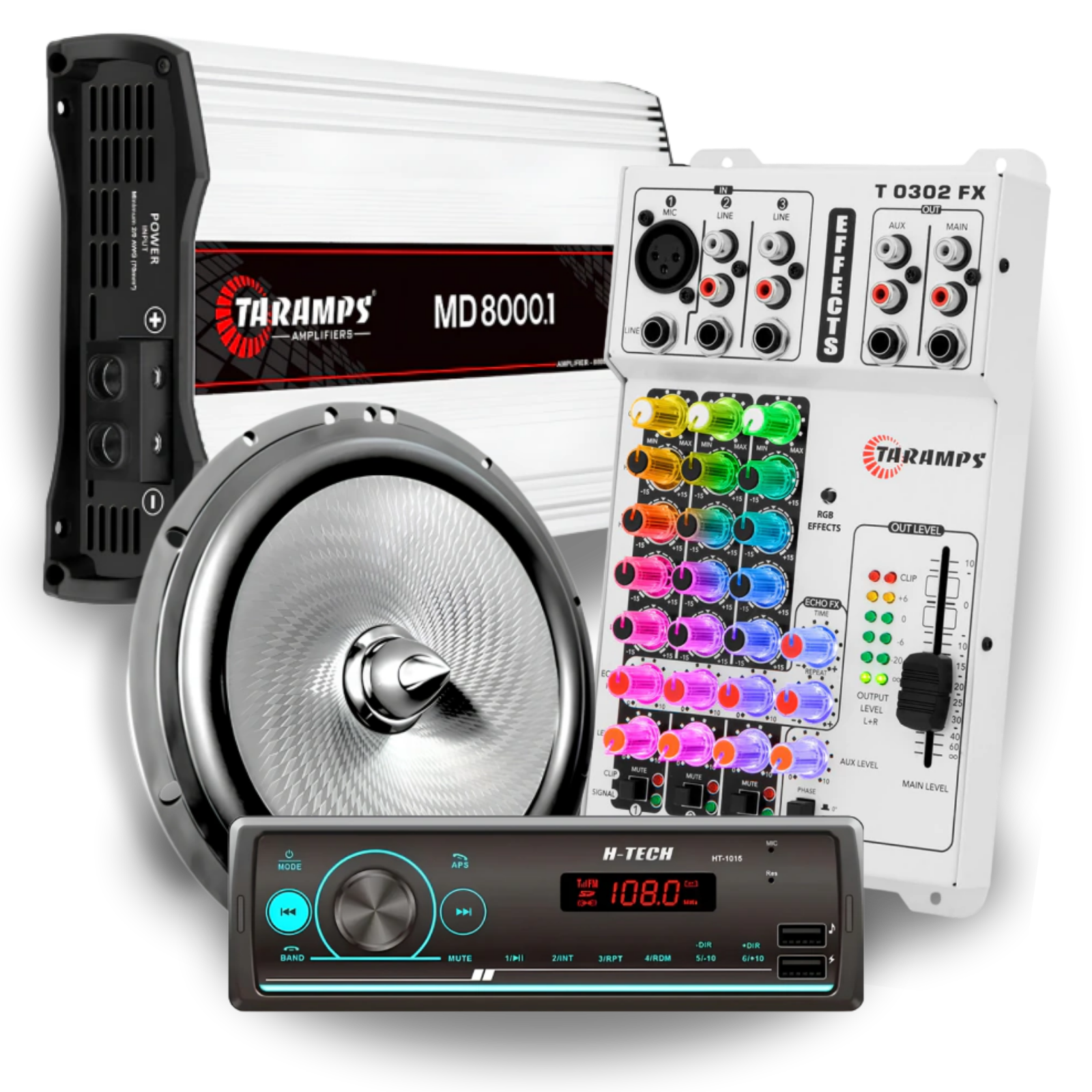Equipamentos de som vendidos pela LSA: amplificador, alto-falante, mesa de som e radio