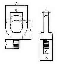 Olhal de suspensão tipo parafuso inox desenho técnico
