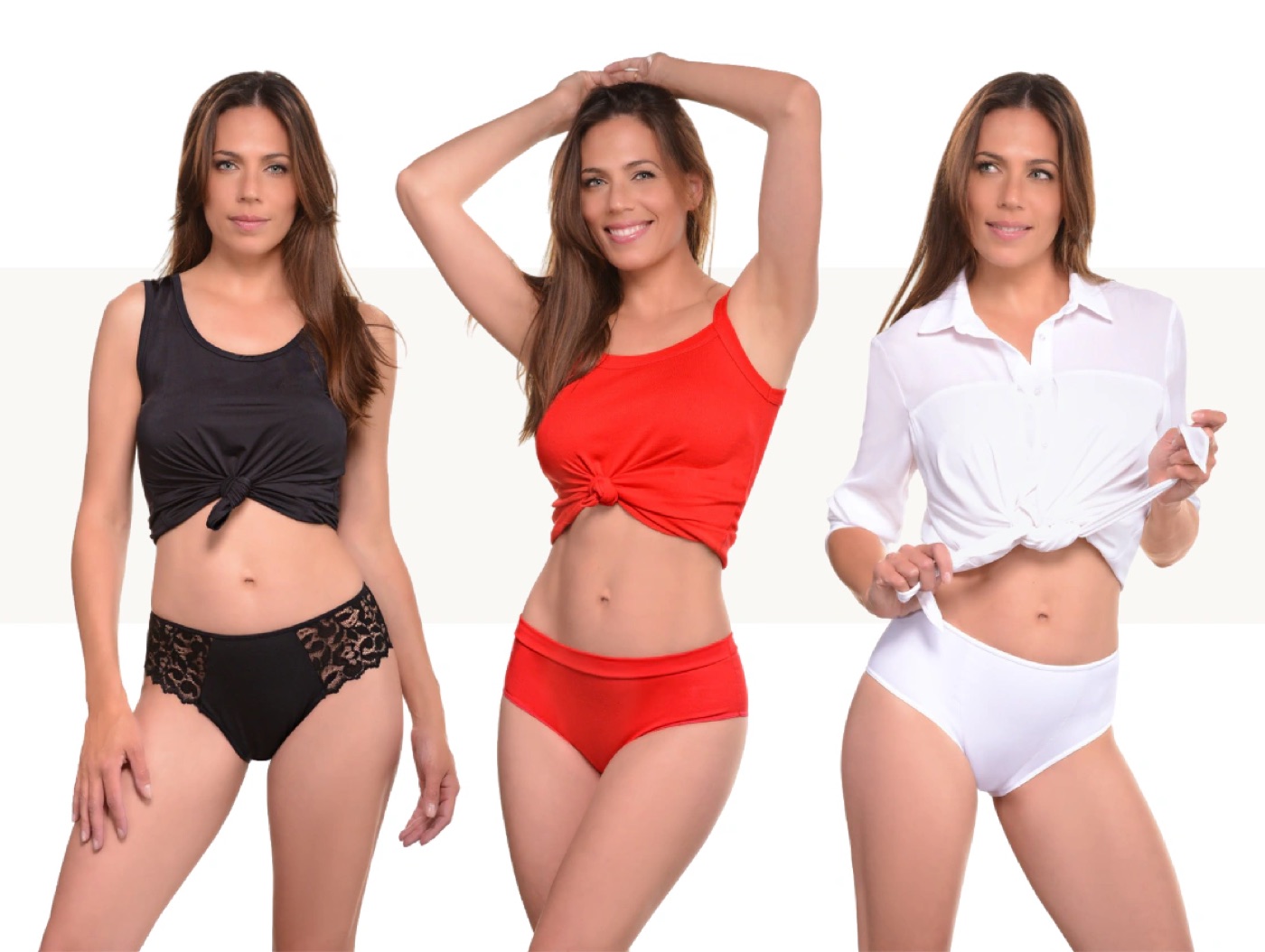 Tres modelos con bombachas Barbily en negro, rojo y blanco