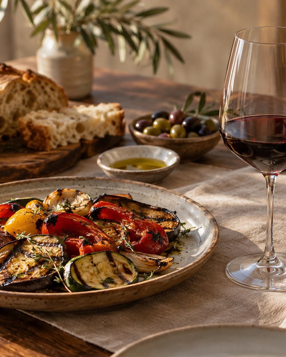 Mesa com legumes grelhados, pão, azeitonas e taça de vinho tinto