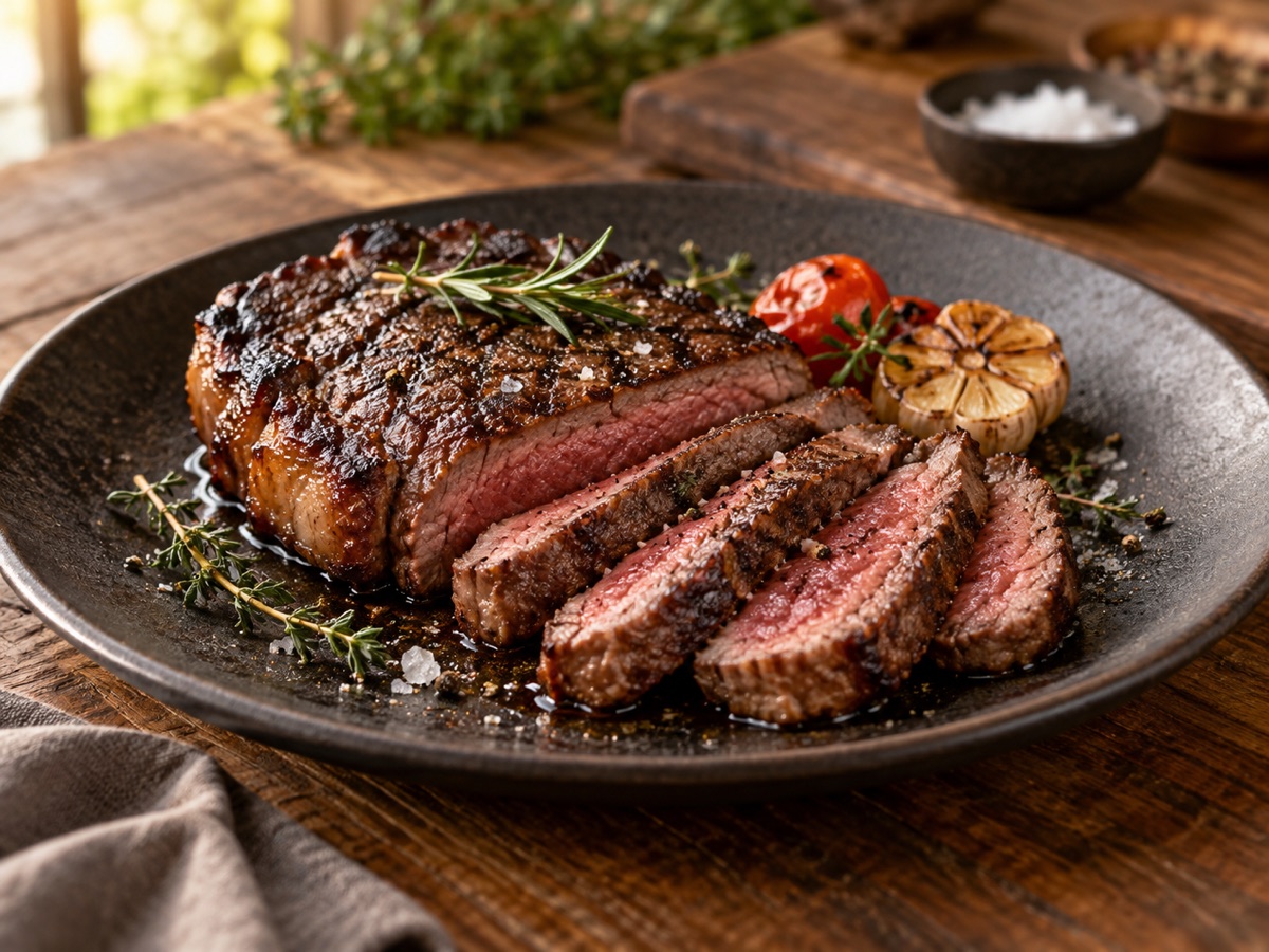 Carne grelhada servida com vinho tinto