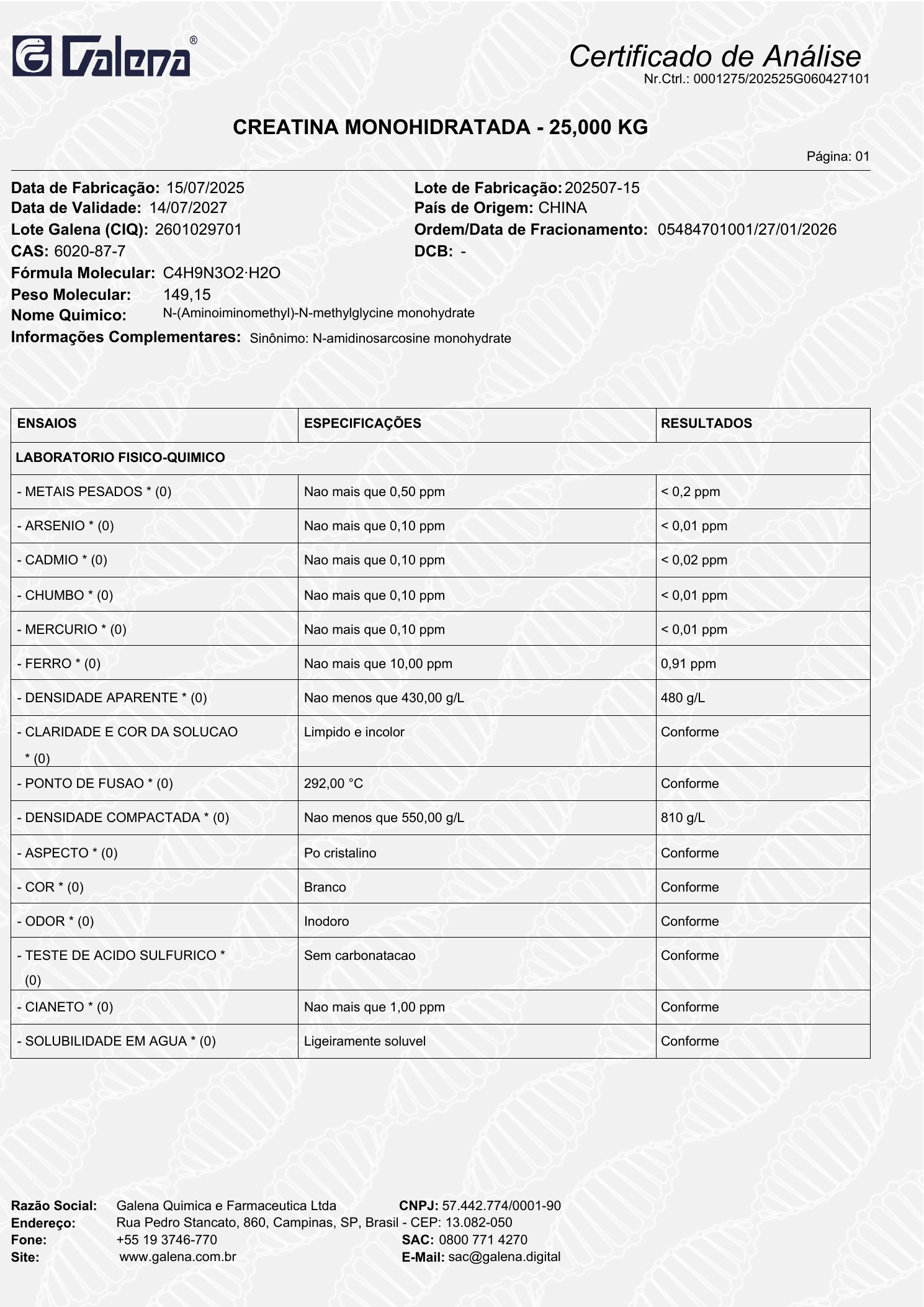 Certificado de análise da creatina, página 1