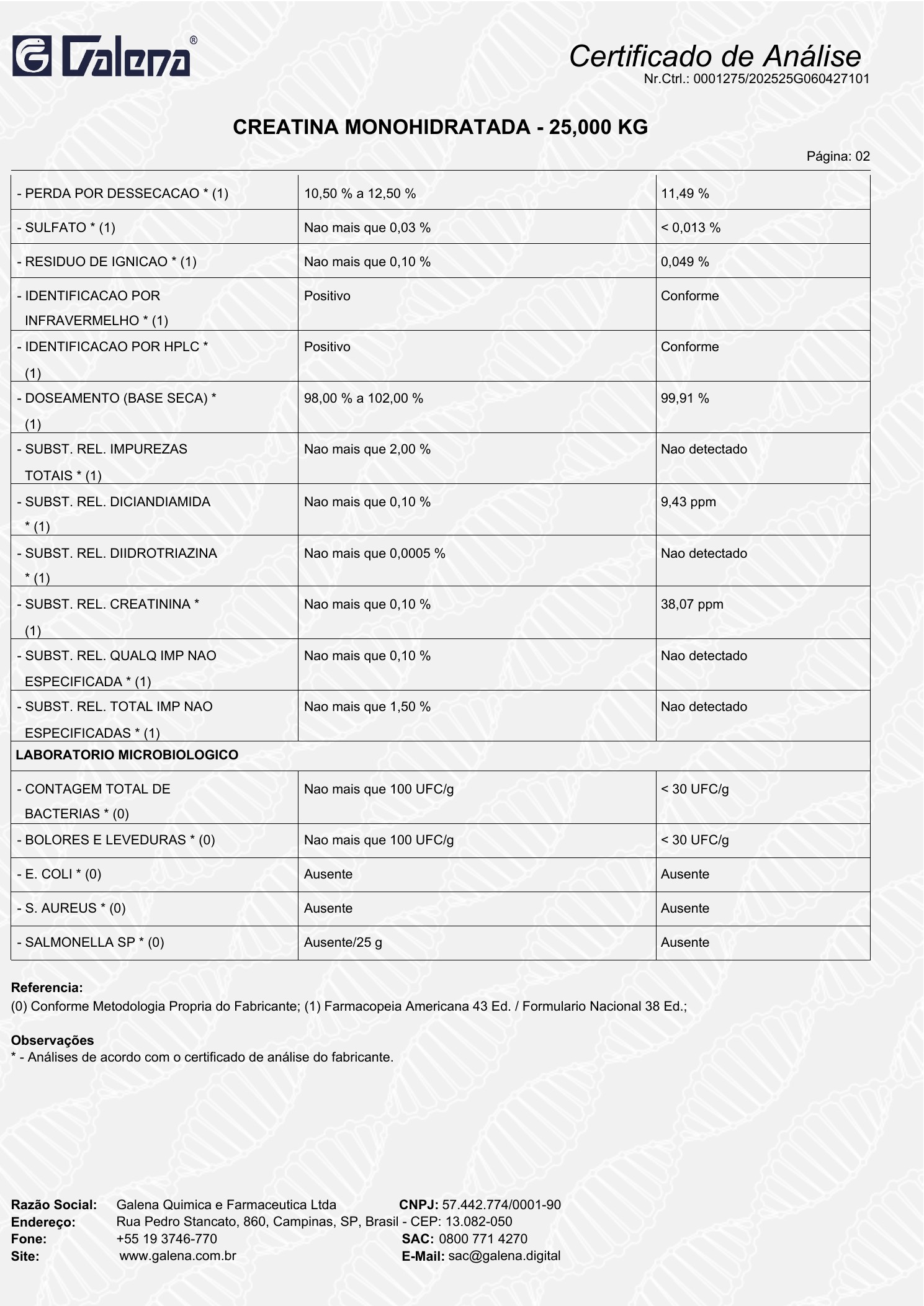 Certificado de análise da creatina, página 2