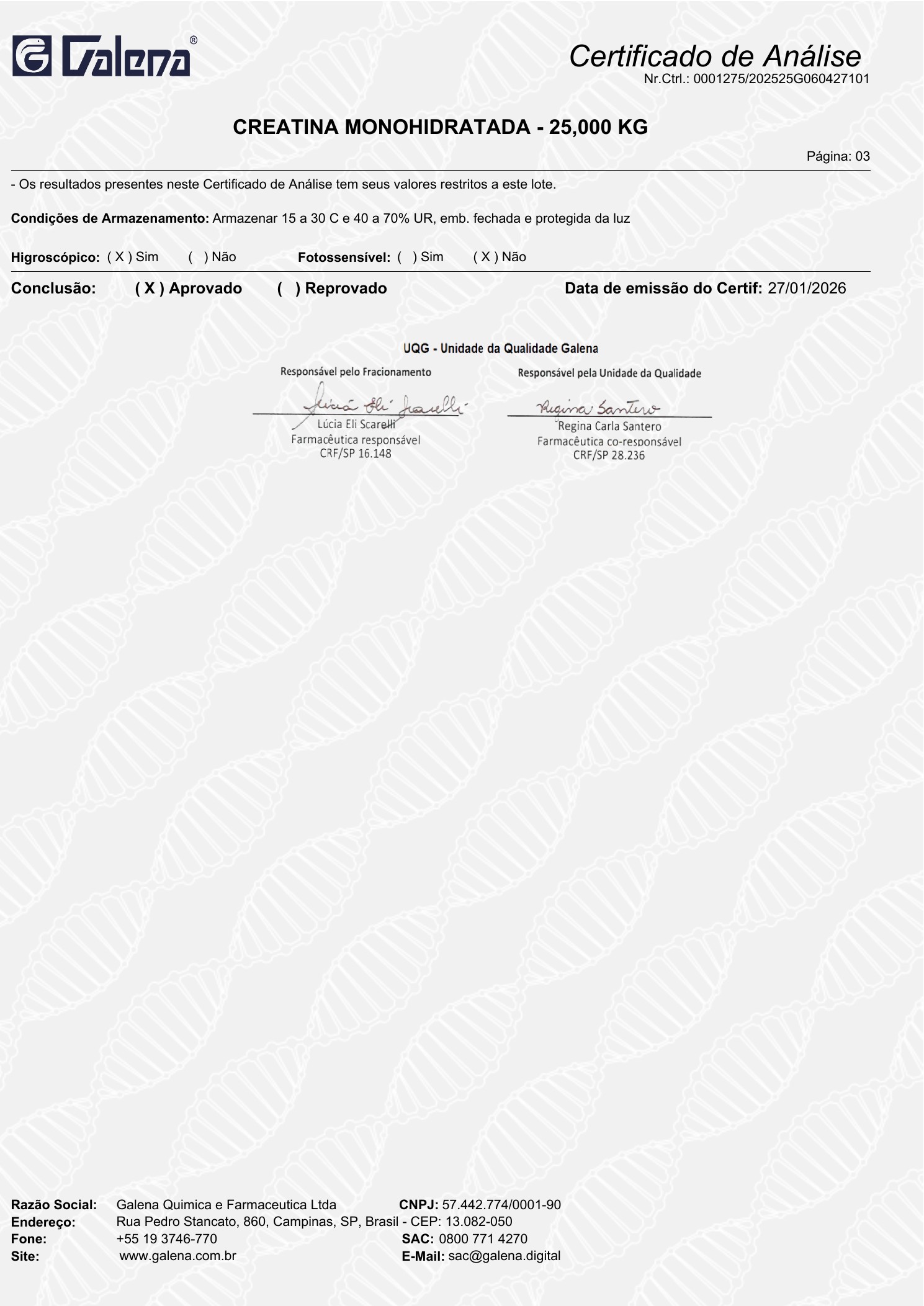 Certificado de análise da creatina, página 3