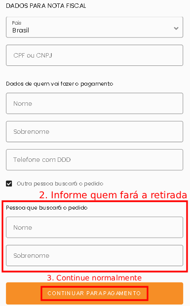 Campos de nome e sobrenome da pessoa que buscará o pedido