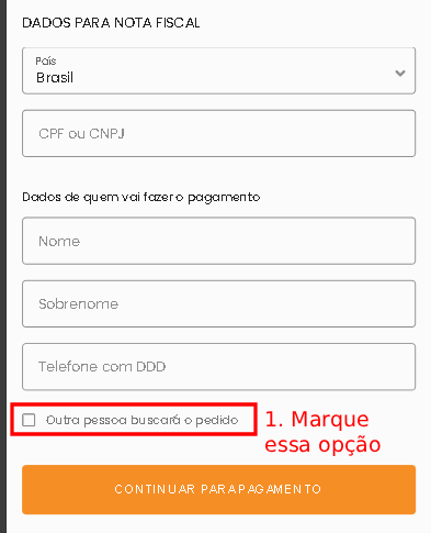 Checkbox Outra pessoa buscará o pedido na etapa de dados para nota fiscal