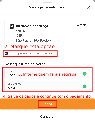 Janela para informar a pessoa que buscará o pedido e salvar