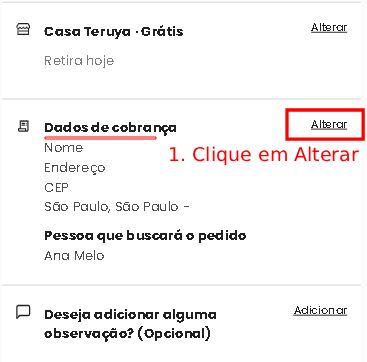 Resumo do checkout com o link Alterar ao lado dos dados de cobrança