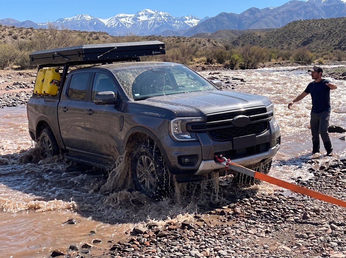 Camioneta con carpa de techo Driven, bidones y eslinga cruzando un río de montaña