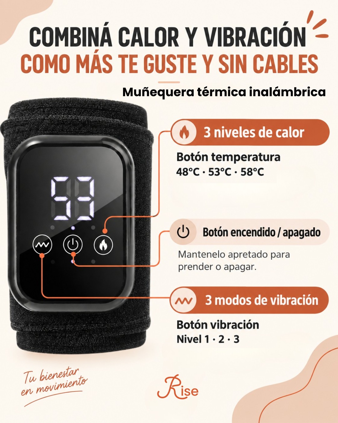 Panel de control de la Muñequera Rise con tres niveles de calor y vibración