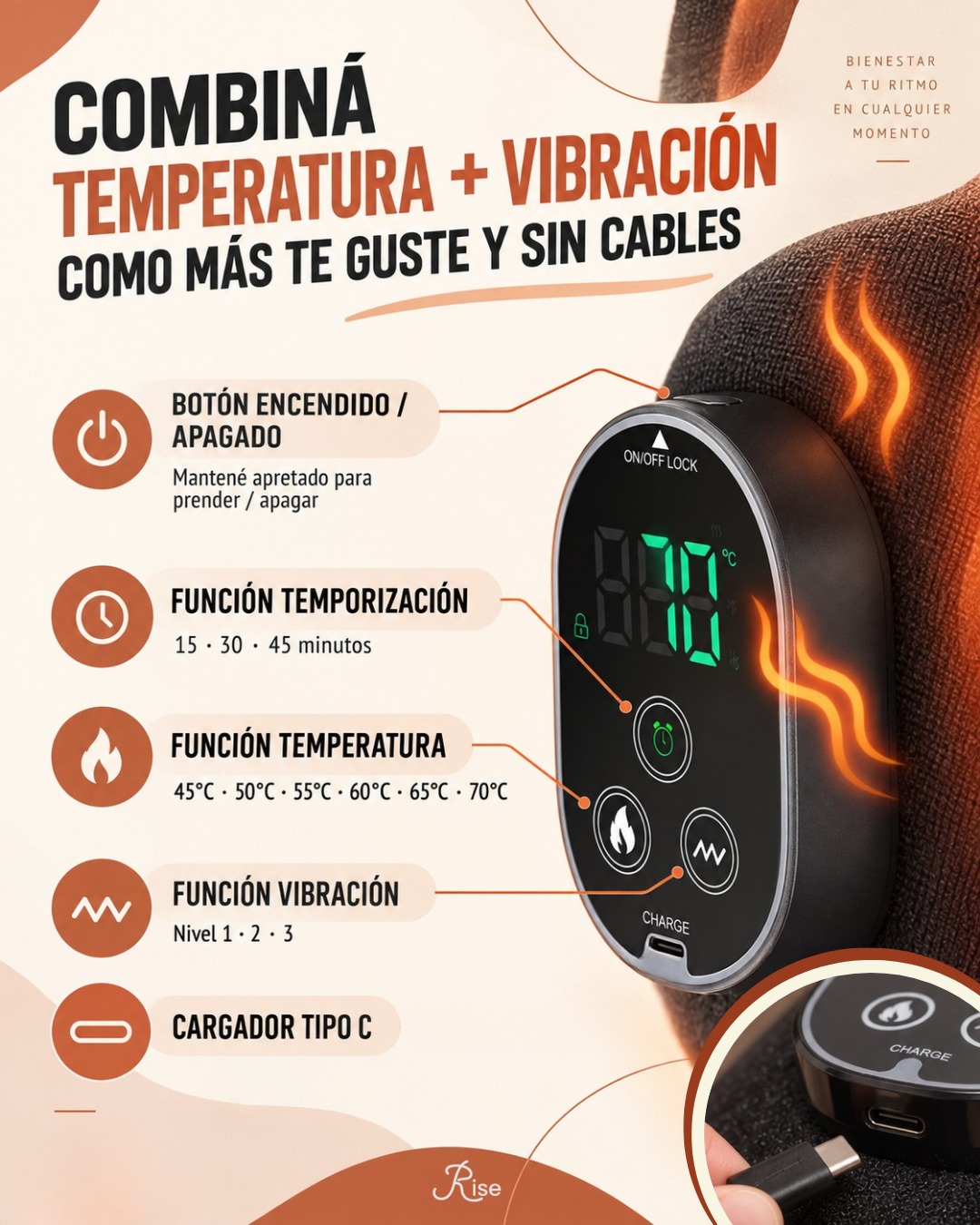 Panel de control de la Rodillera Rise con seis niveles de calor y tres intensidades de vibración