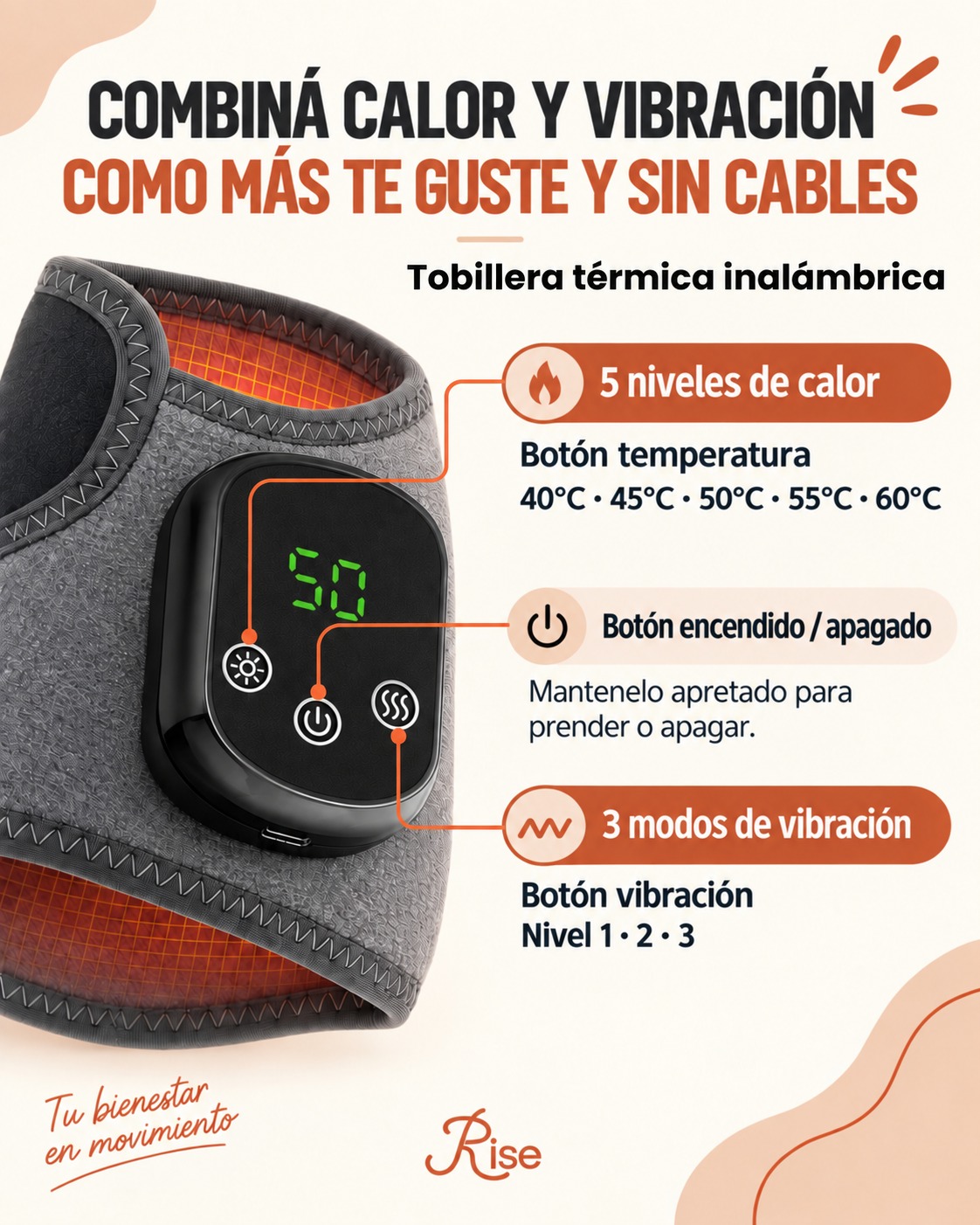Panel de control de la Tobillera Rise con cinco niveles de calor y tres intensidades de vibración