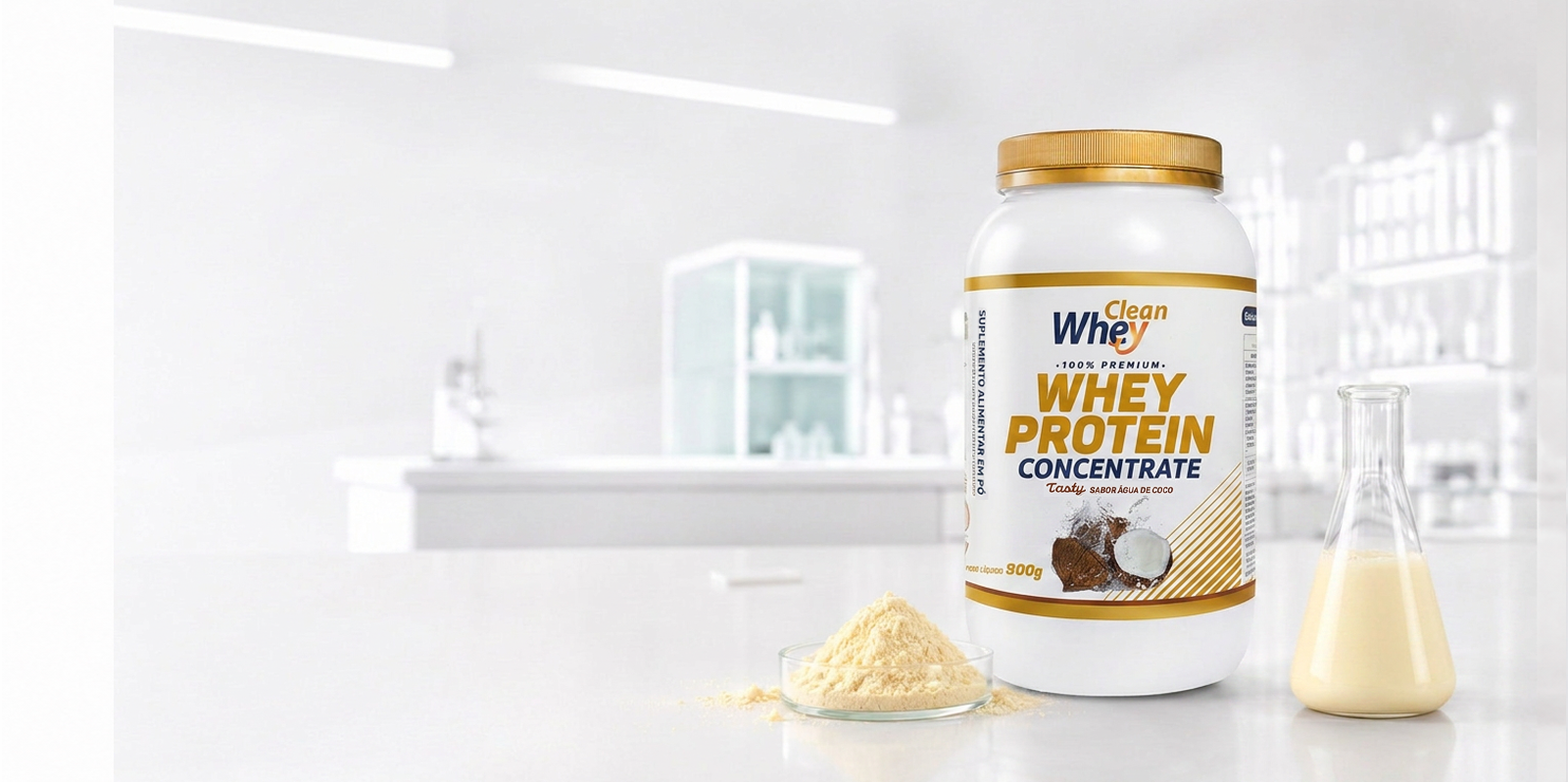 Clean Whey Concentrate Tasty Água de Coco Pote 900g em ambiente de laboratório