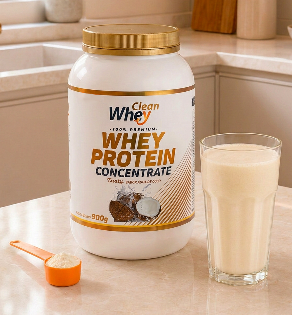 Clean Whey Concentrate Tasty Água de Coco Pote 900g em sugestão de consumo