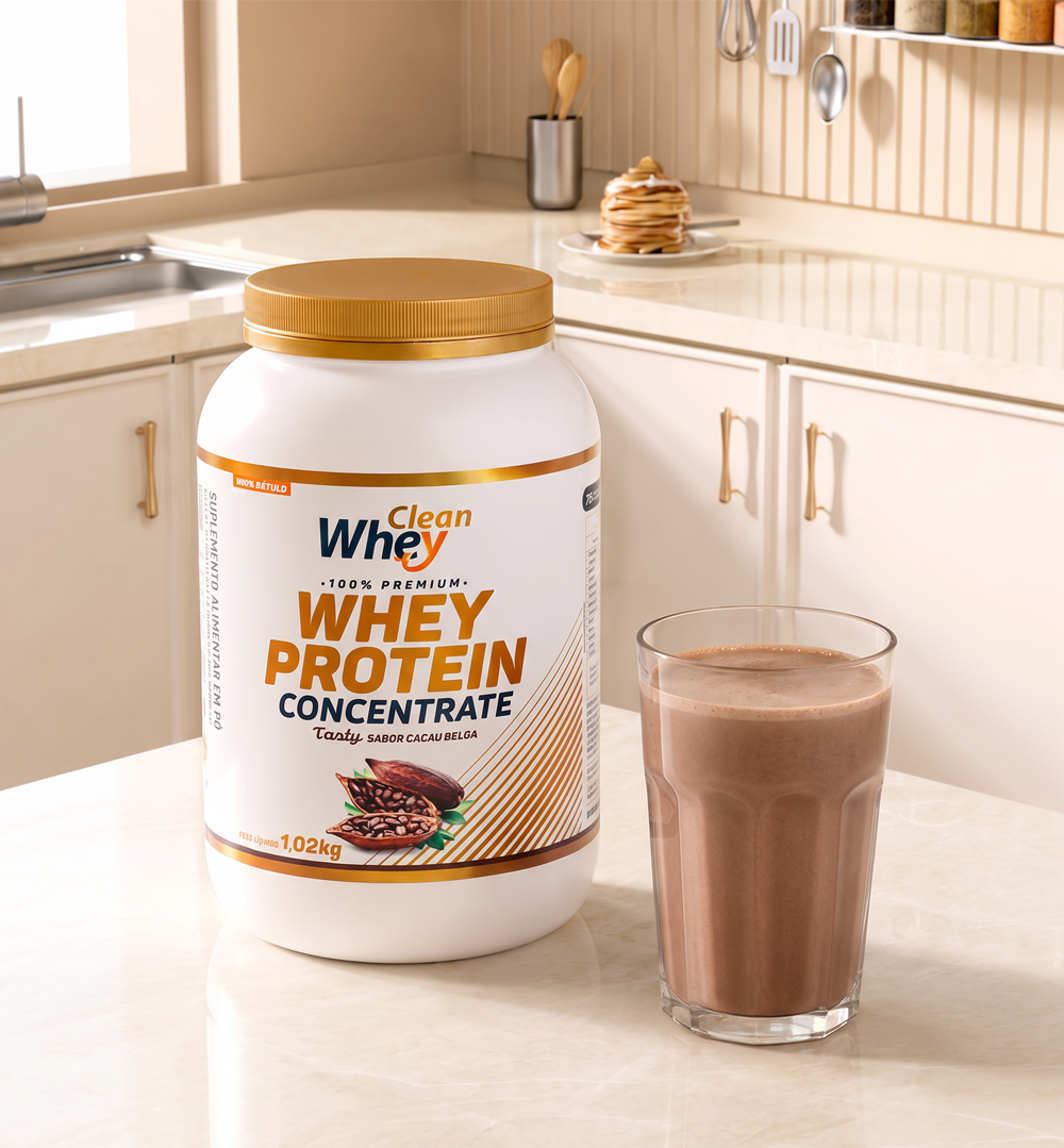 Clean Whey Concentrate Tasty Cacau Belga Pote 1,02kg em sugestão de consumo