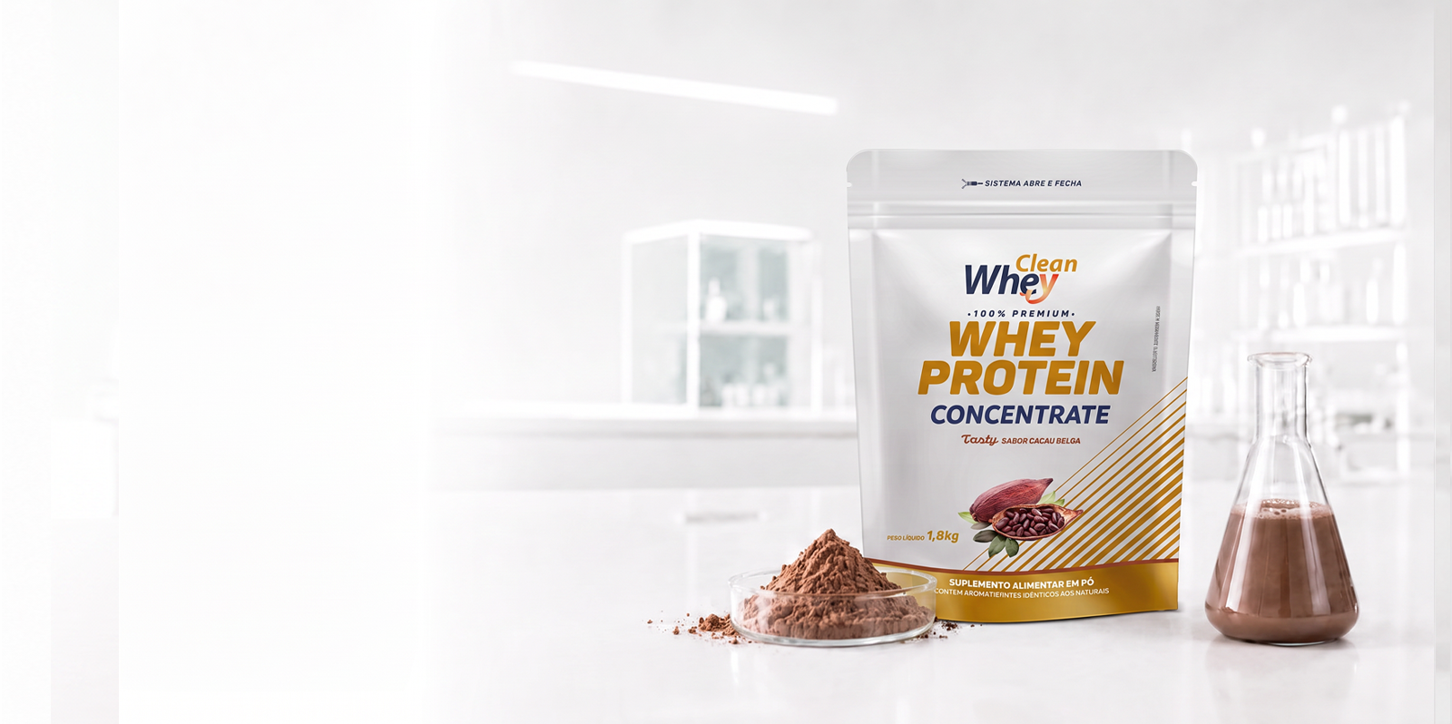 Clean Whey Concentrate Tasty Cacau Belga Refil 1,8kg em ambiente de laboratório