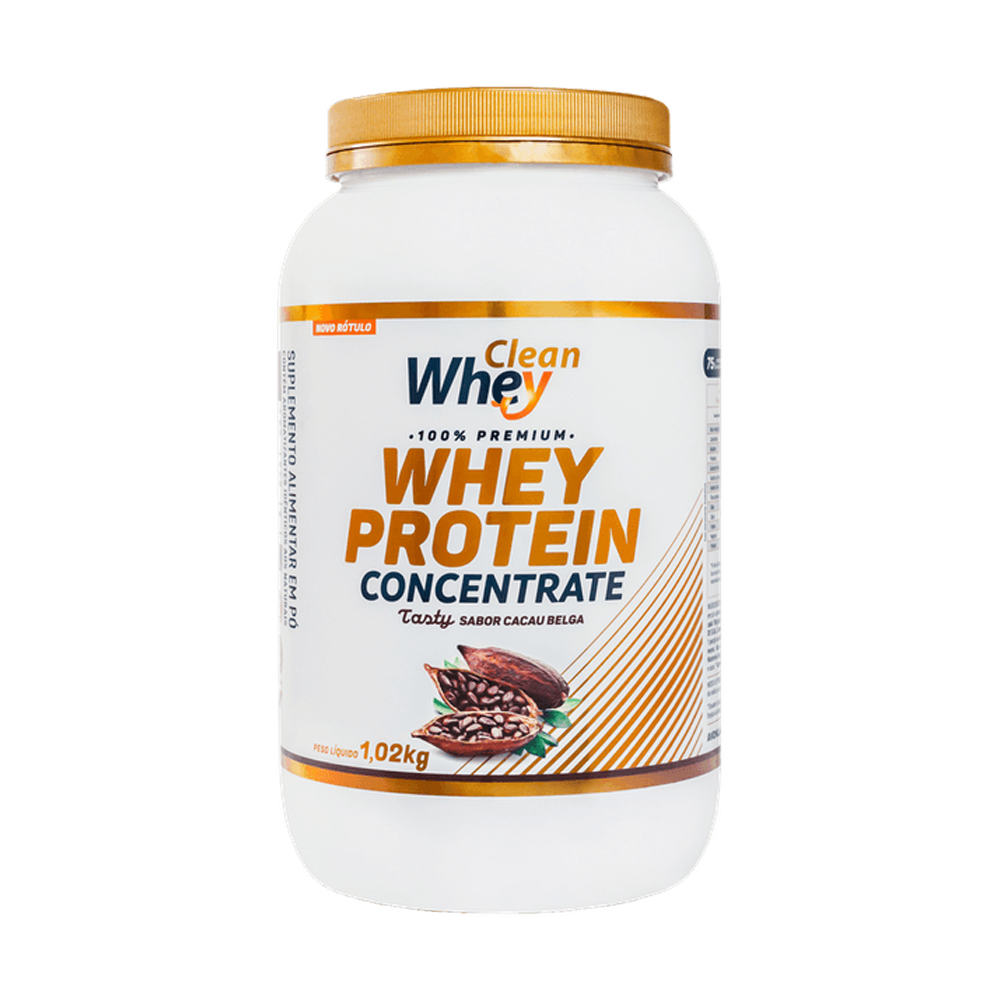 Pote 1,02kg Clean Whey Concentrate Tasty Cacau Belga Refil 450g