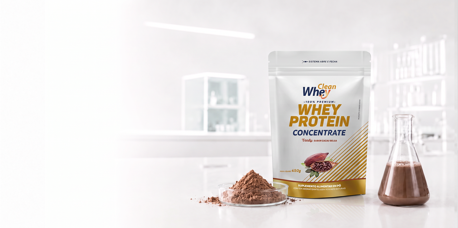Clean Whey Concentrate Tasty Cacau Belga Refil 450g em ambiente de laboratório