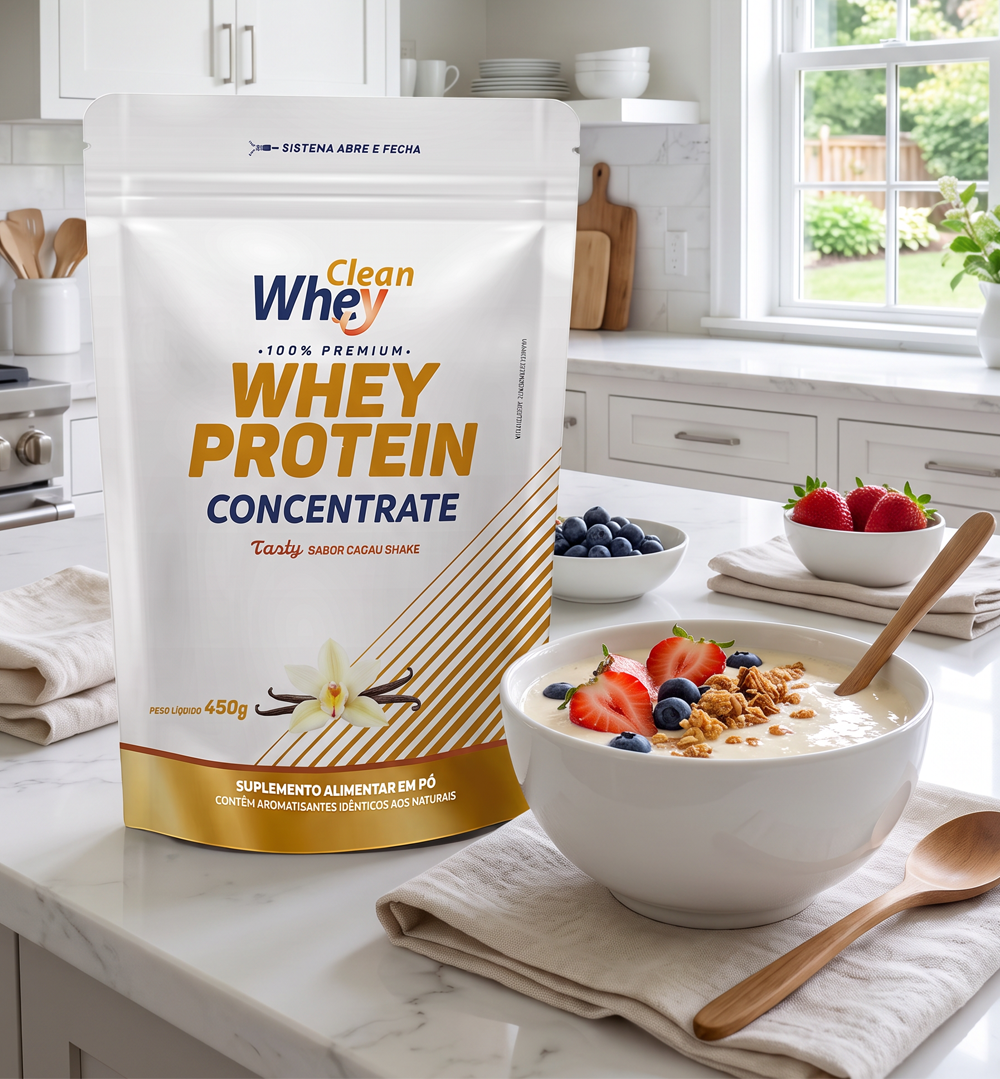 Clean Whey Concentrate Tasty Cacau Belga Refil 450g em sugestão de consumo
