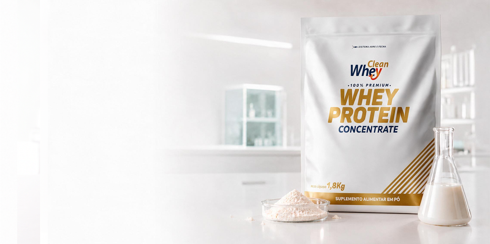 Clean Whey Concentrate Classic em ambiente de laboratório