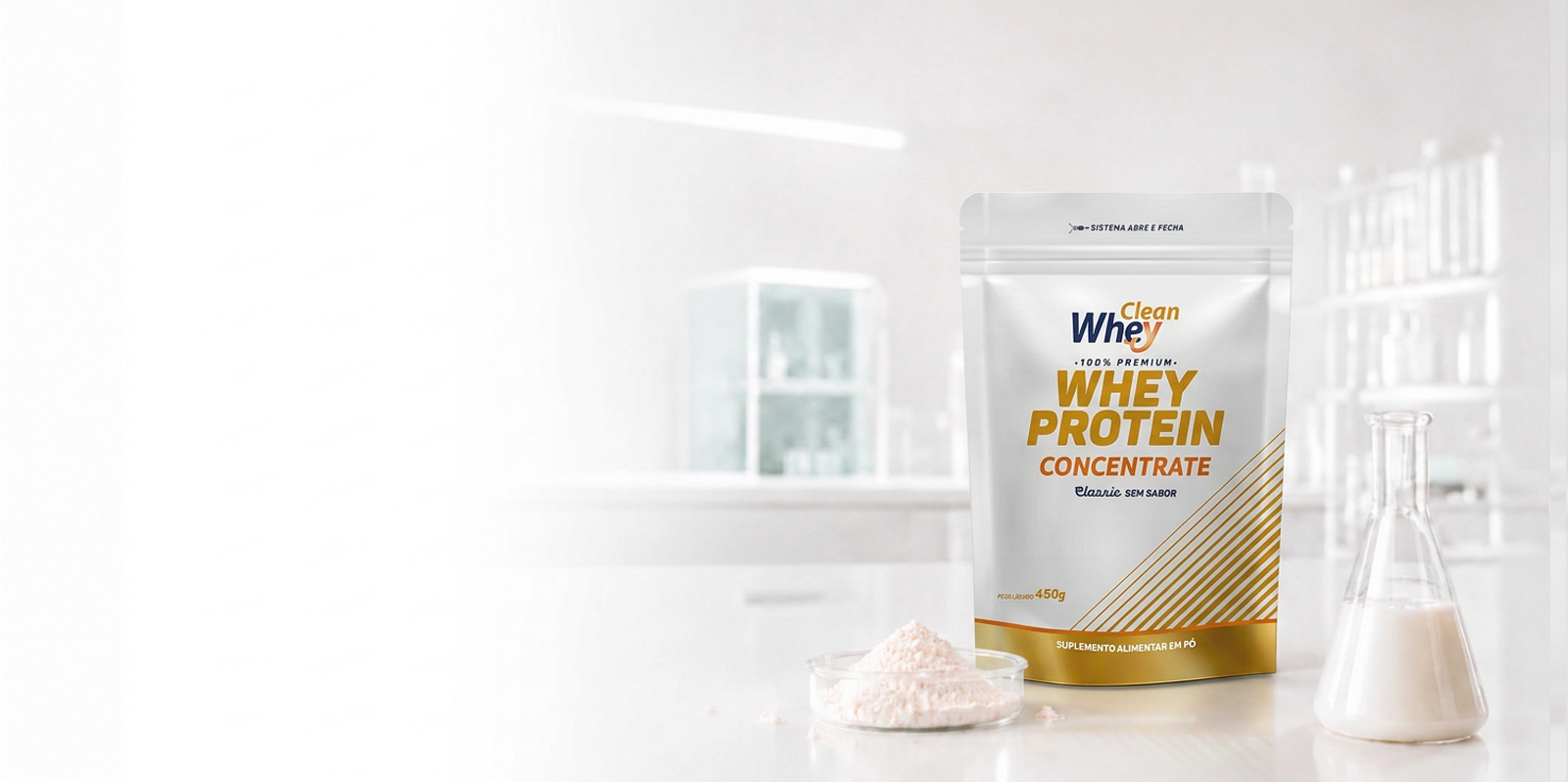Clean Whey Concentrate Classic em ambiente de laboratório