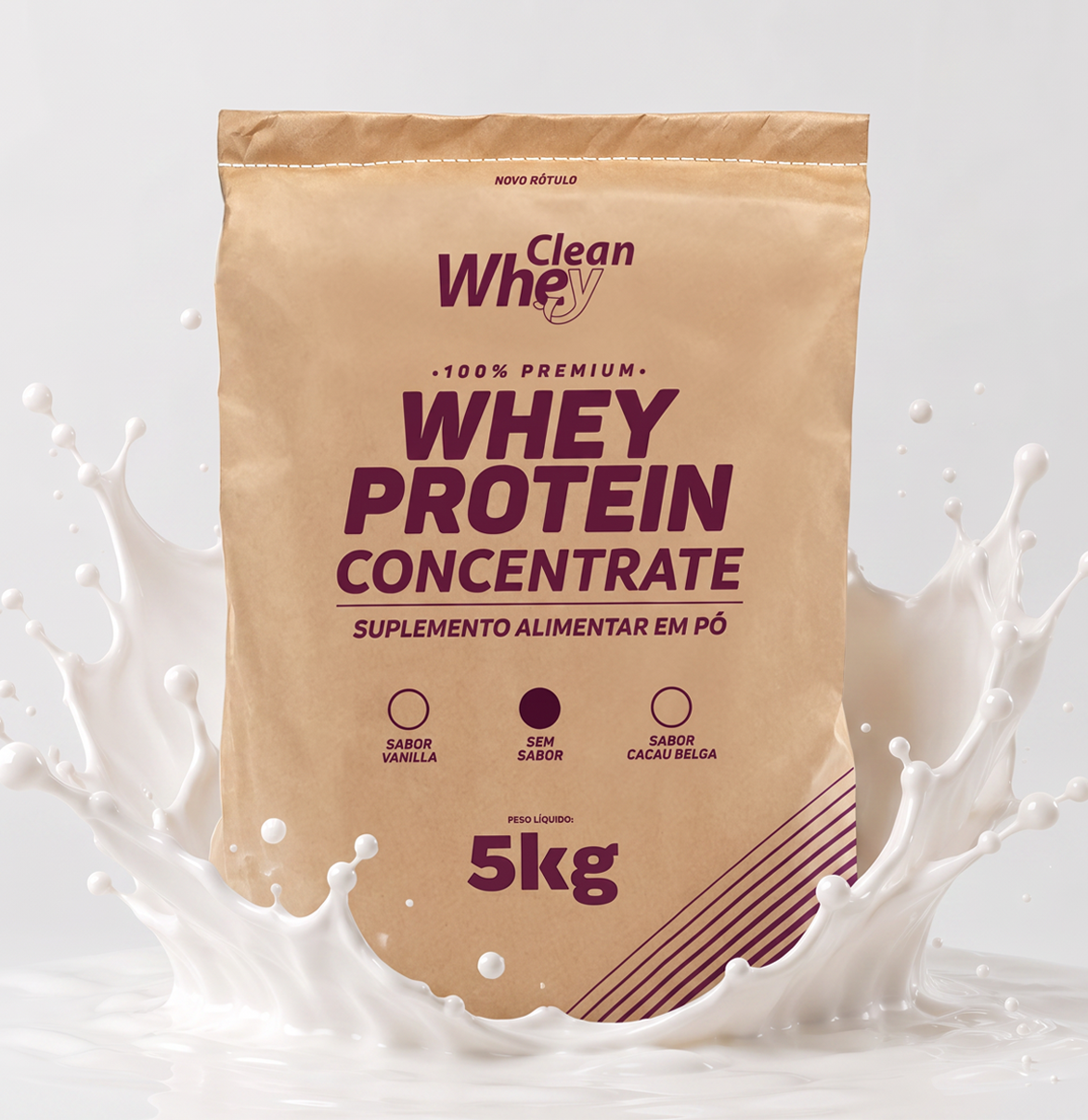 Saco 5kg Clean Whey Concentrate Classic Sem Sabor com splash