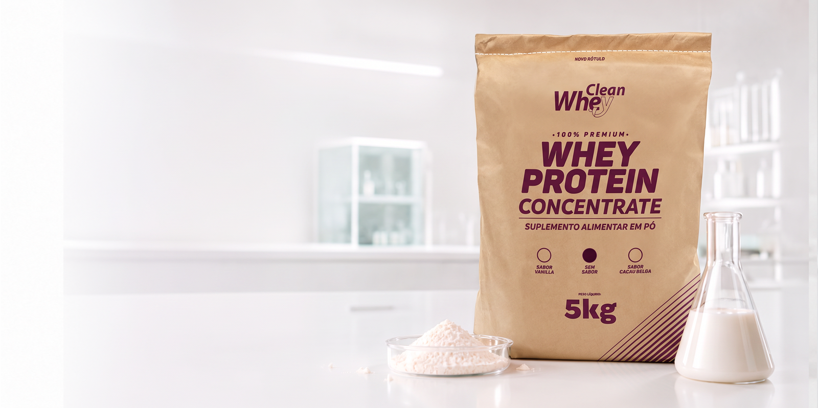 Clean Whey Concentrate Classic em ambiente de laboratório