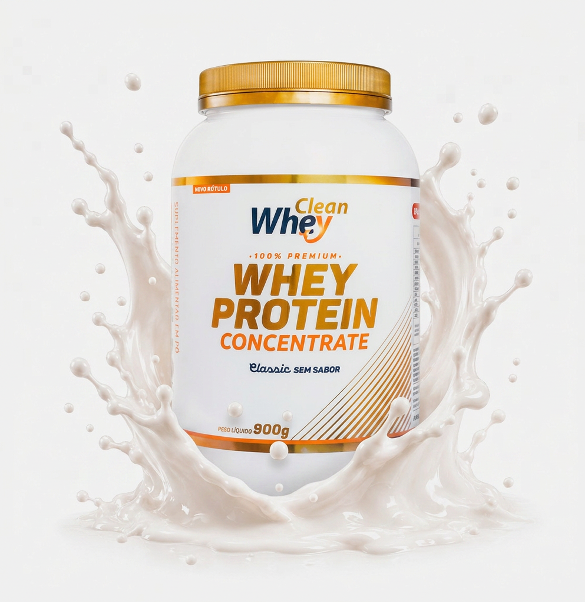 Pote 900g Clean Whey Concentrate Classic Sem Sabor com splash