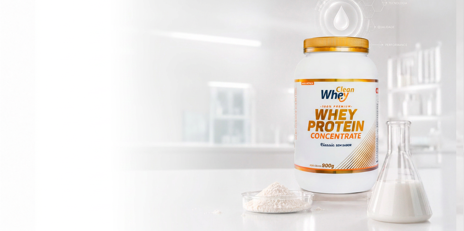 Clean Whey Concentrate Classic em ambiente de laboratório