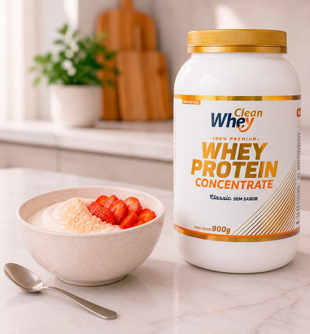 Clean Whey Concentrate com preparação para consumo