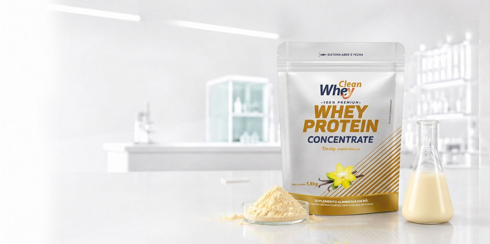 Clean Whey Concentrate Tasty Vanilla Refil 1,8kg em ambiente de laboratório