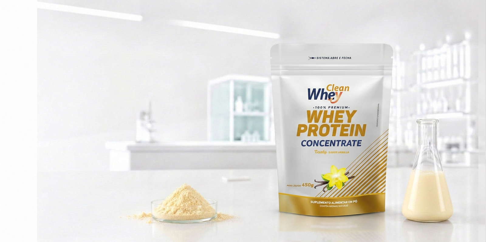 Clean Whey Concentrate Tasty Vanilla Refil 450g em ambiente de laboratório