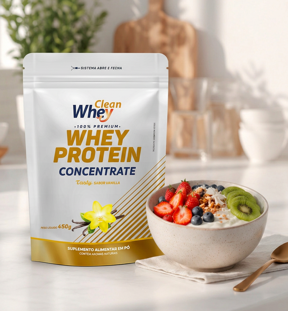 Clean Whey Concentrate Tasty Vanilla Refil 450g em receita