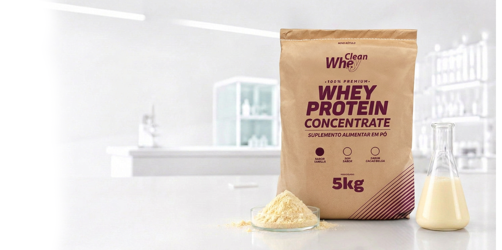 Clean Whey Concentrate Tasty Vanilla Saco 5kg em ambiente de laboratório