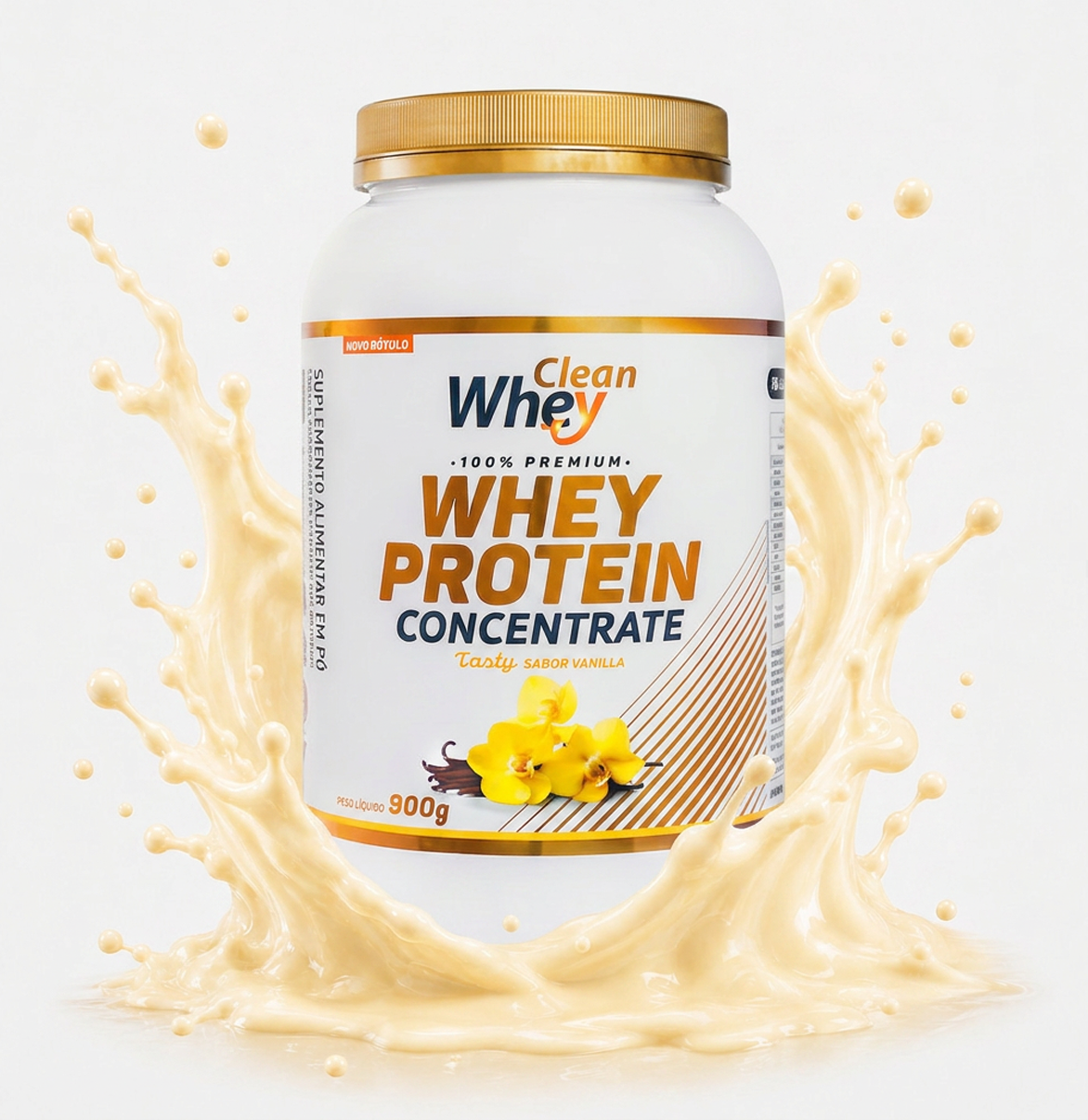 Pote 900g Clean Whey Concentrate Tasty Vanilla com splash