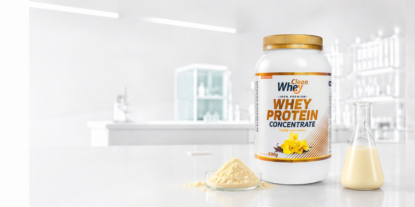 Clean Whey Concentrate Tasty Vanilla em ambiente de laboratório