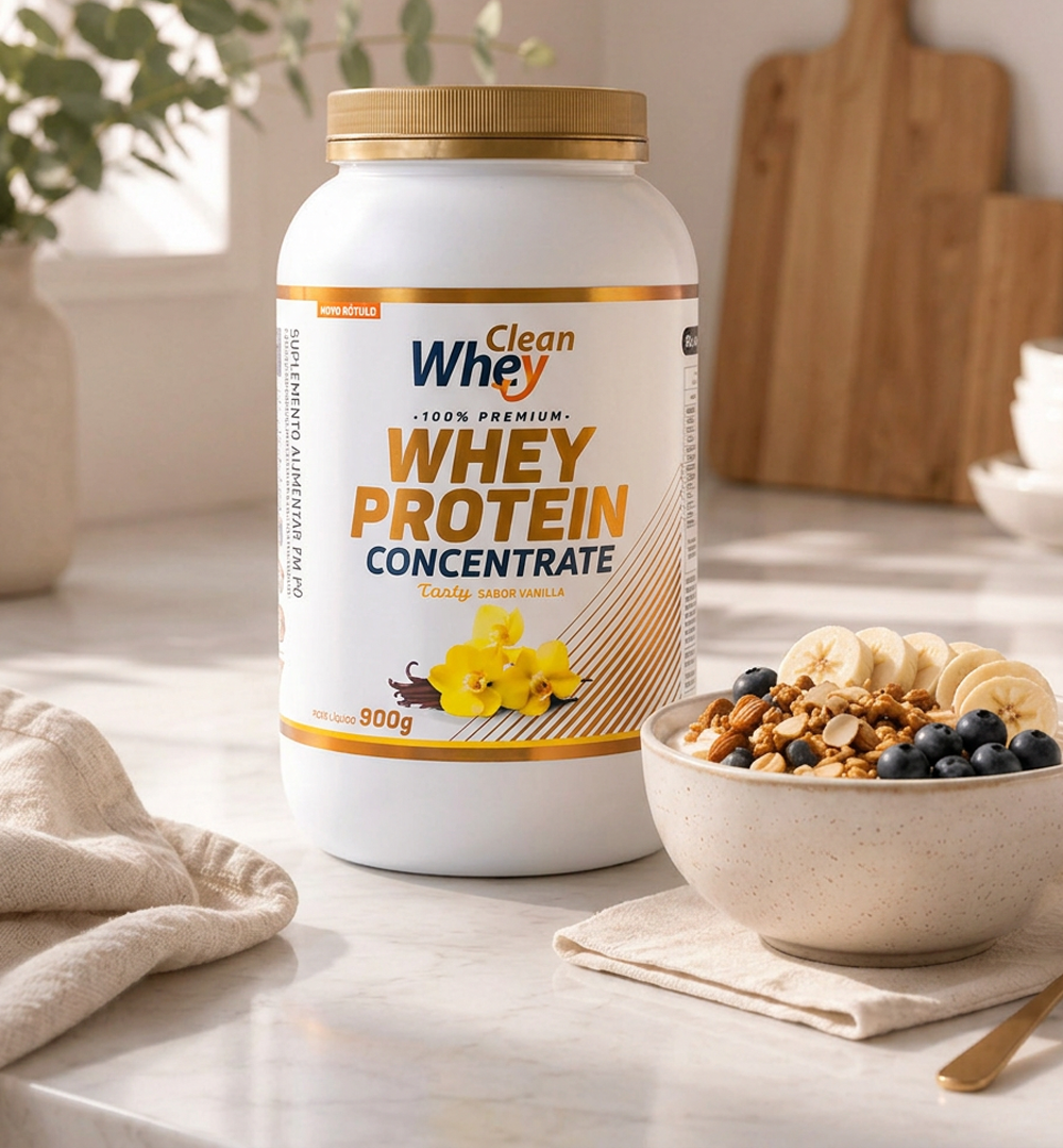 Clean Whey Concentrate Tasty Vanilla em preparação para o consumo