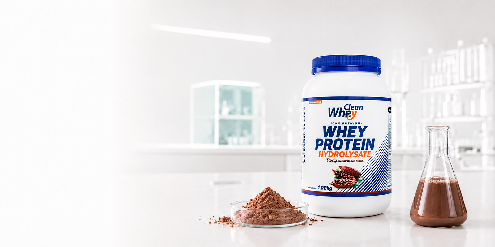 Clean Whey Hydrolysate Tasty Cacau Belga Pote 1,02kg em ambiente de laboratório