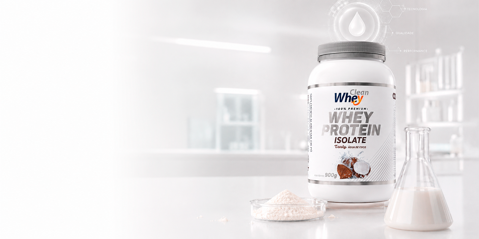 Clean Whey Isolate Tasty Água de Coco Pote 900g em ambiente de laboratório