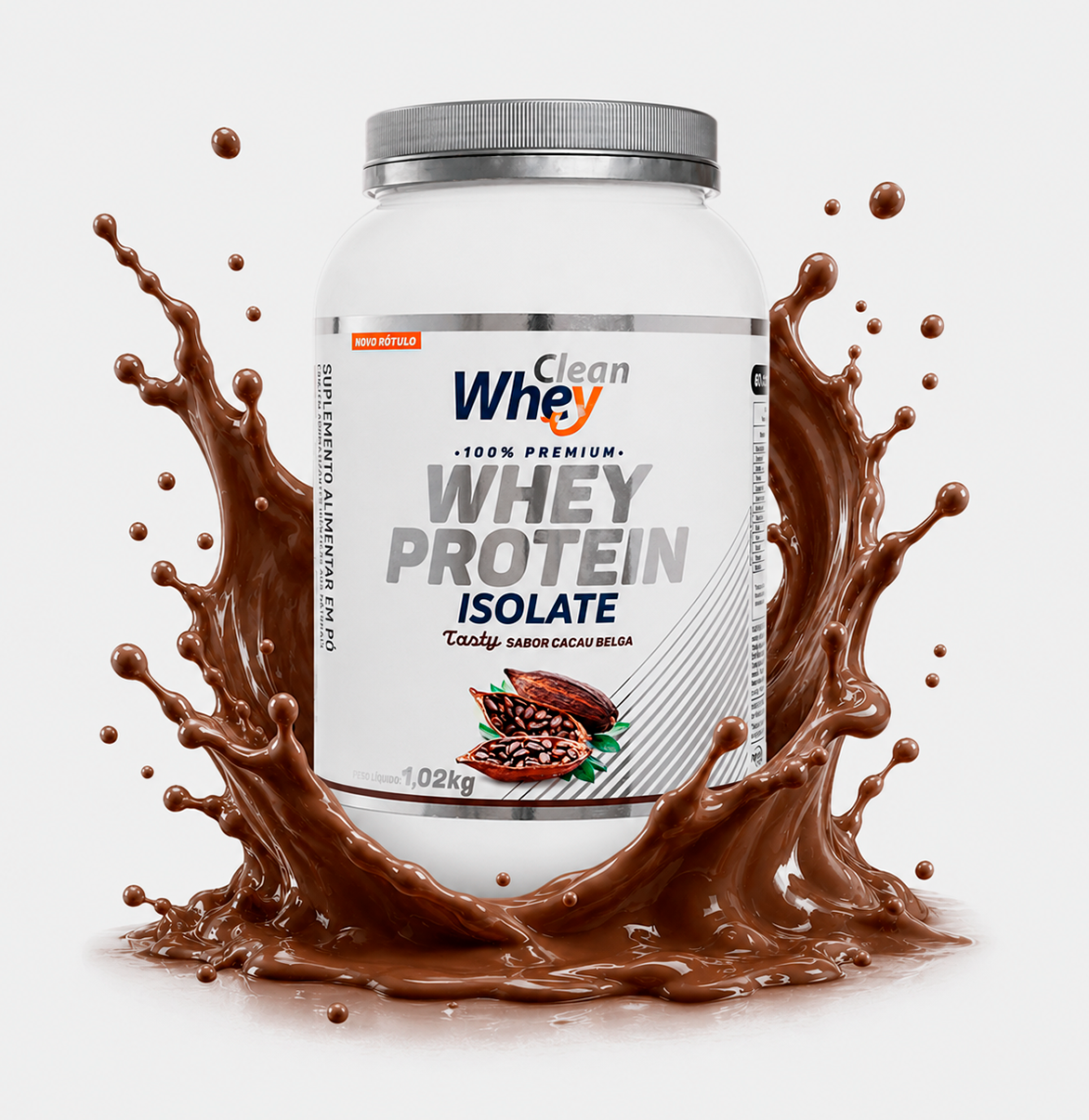 Pote 1,02kg Clean Whey Isolate Tasty Cacau Belga com splash