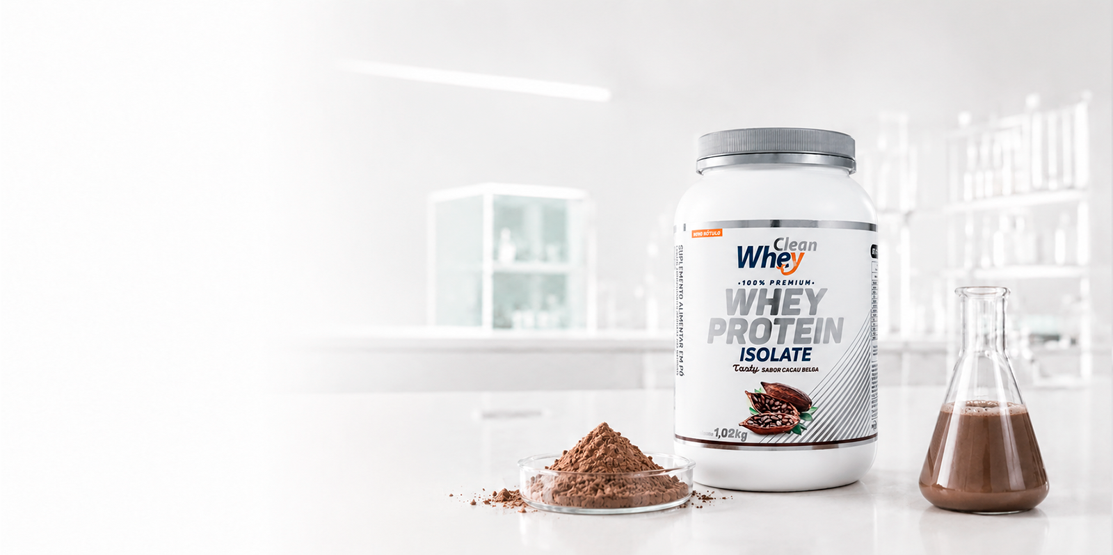 Clean Whey Isolate Tasty Cacau Belga em ambiente de laboratório