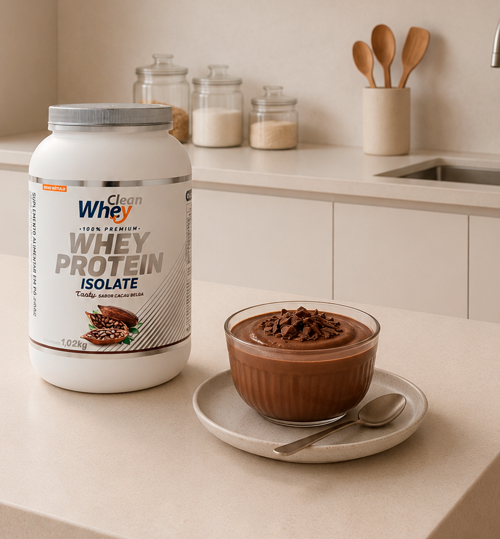 Clean Whey Isolate Tasty Cacau Belga em uma preparação para o consumo