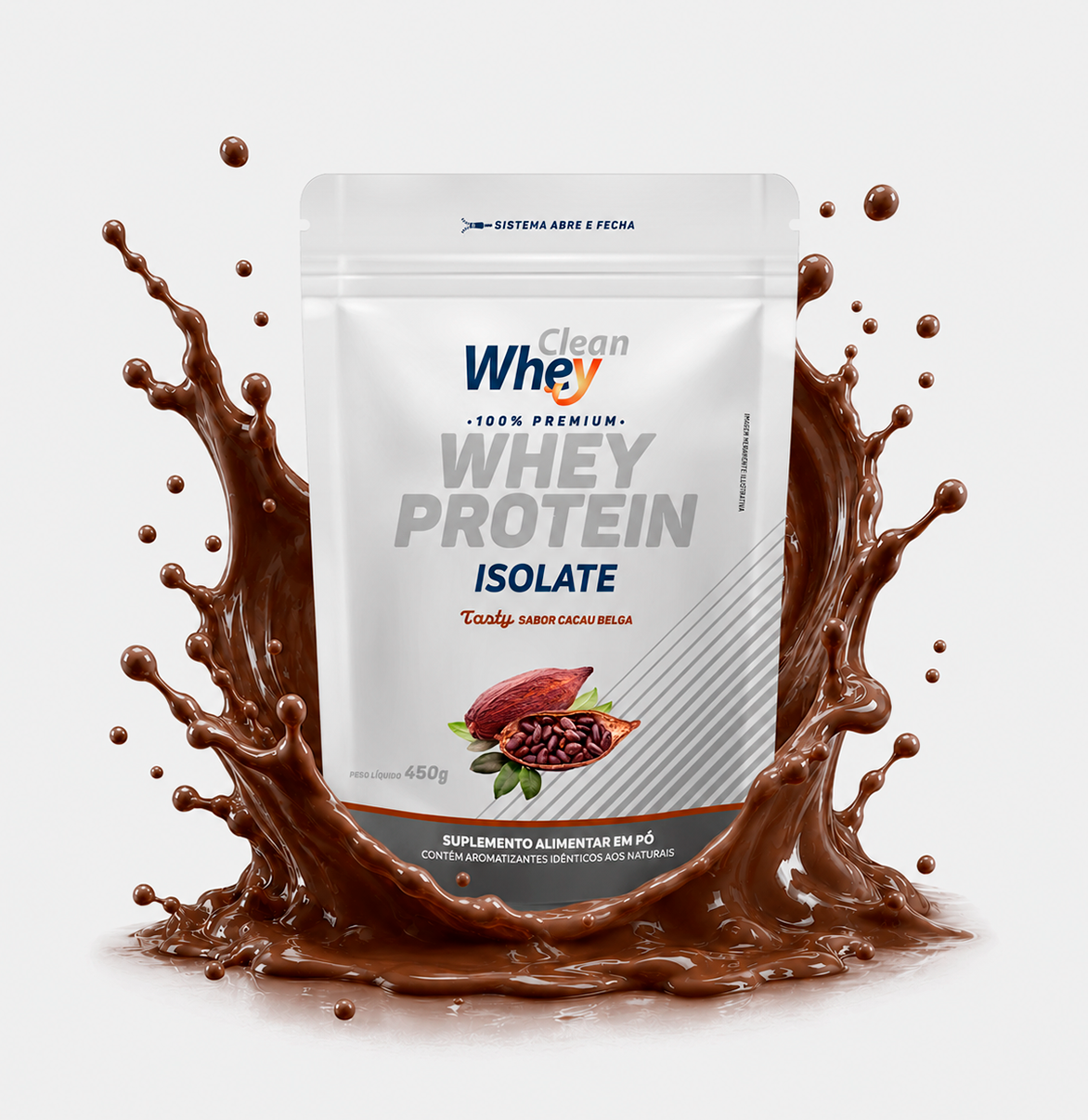Refil 450g Clean Whey Isolate Tasty Cacau Belga com splash